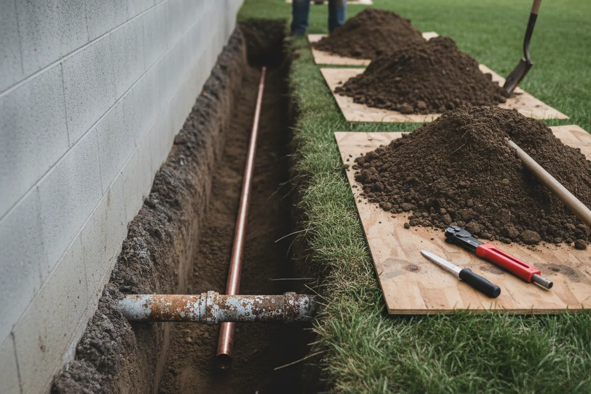 Excavated water line trench during Water Softener Installation in Pahokee